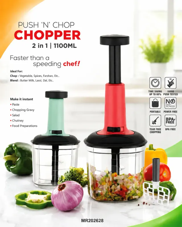 Push 'N' Chop Manual Vegetable Chopper – Fast & Easy Food Chopping, Pack of 1 