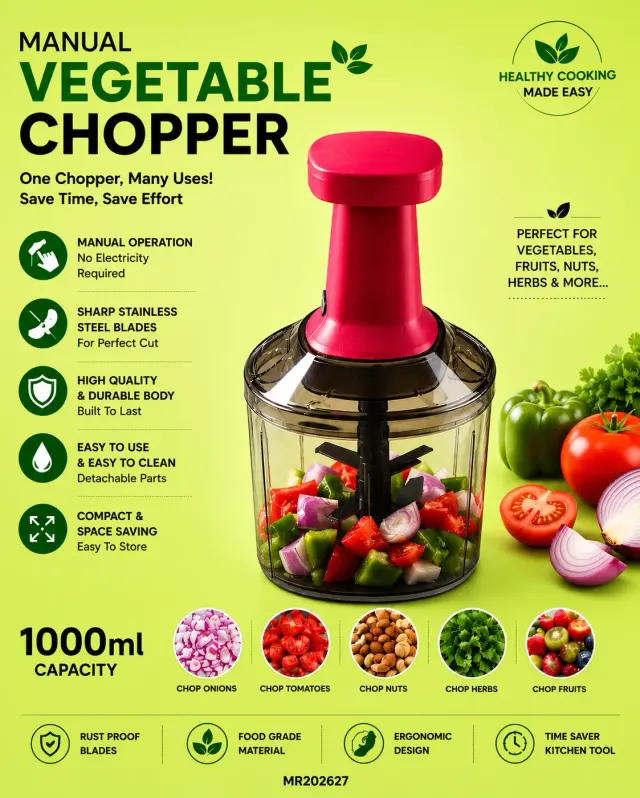 Push & Chop Vegetable Chopper – 1000ml Capacity , Pack of 1 