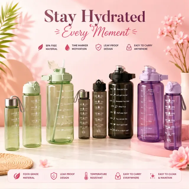 Water Bottle motivational transparant 3pcs Set(2000ml,900ml,300ml) Plastic Bottle