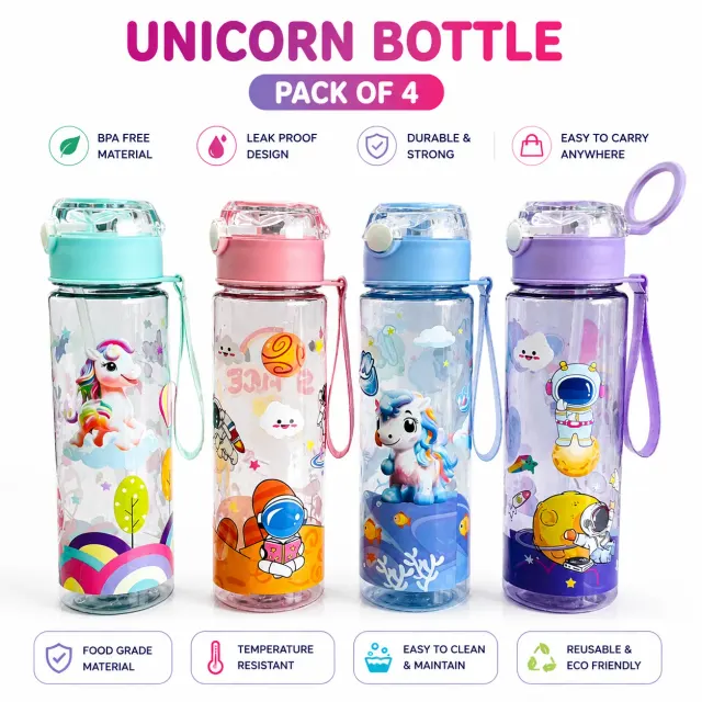 Unicorn Motivational Trasnparent Printed Bottle 900ml,Pack of 4