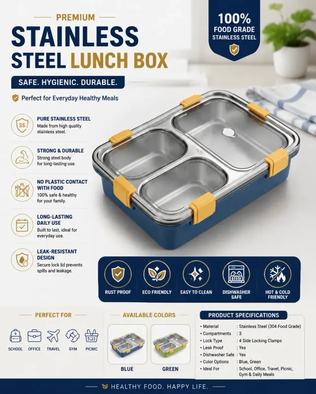 Premium 3-Compartment Stainless Steel Lunch Box | Leak-Proof Food Grade Tiffin Box for School, Office & Travel,Pack of 1