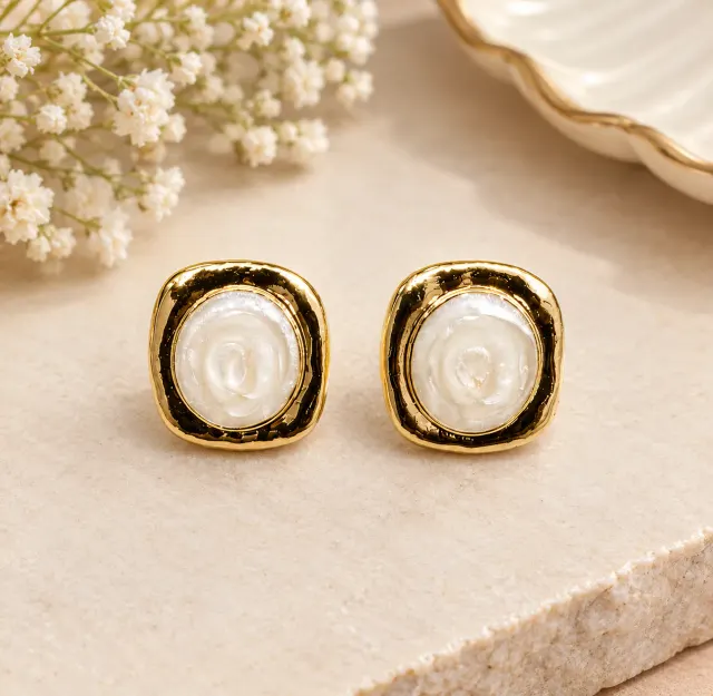White Floral Gold-Tone Stud Earrings