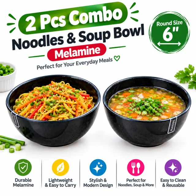  Black Bowl 6 Inch Round| 2 Pcs Combo | Stylish Serving & Kitchen Bowl